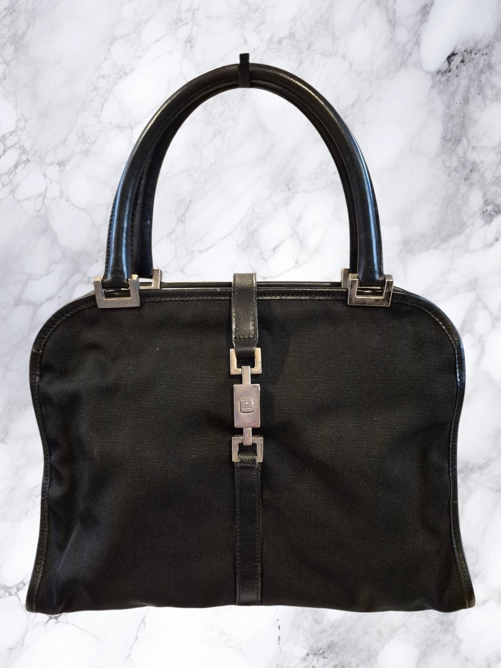 Gucci Jackie Black Canvas And Leather Satchel With Silver Hardware